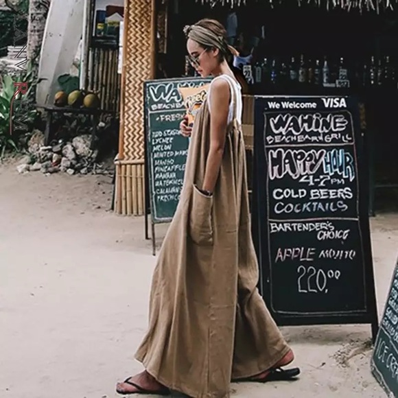 Sleeveless Scoop Neck Big Pocket Cotton Linen Boho Wide Leg Jumper Overalls - Picture 5 of 13